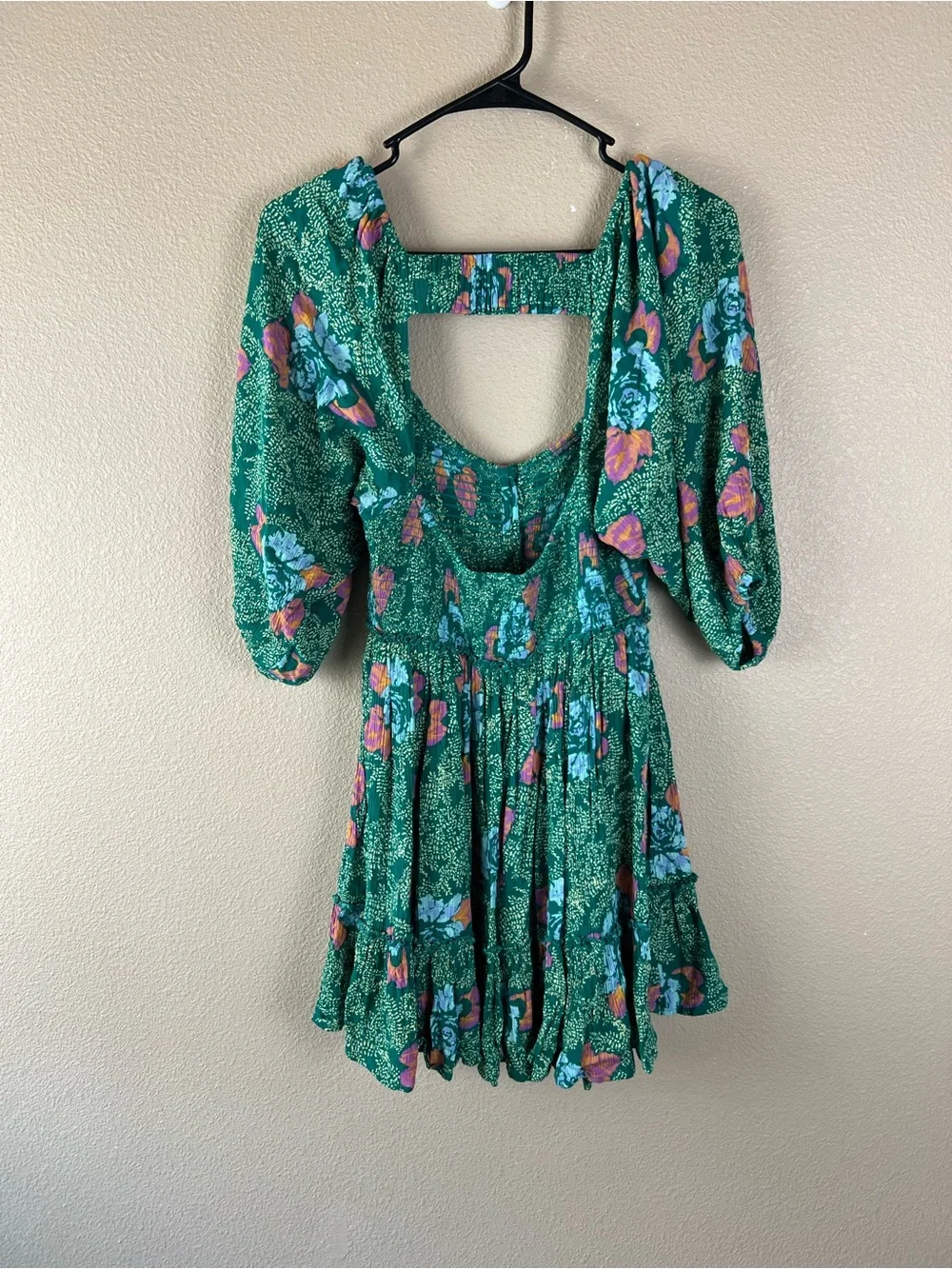 Free People Smocked Printed Picnic Mini Dress Green